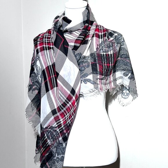 Alexander McQueen Silk Large 53 in x 53 in Red/Blk Plaid Logo Shawl Scarf - Picture 1 of 12